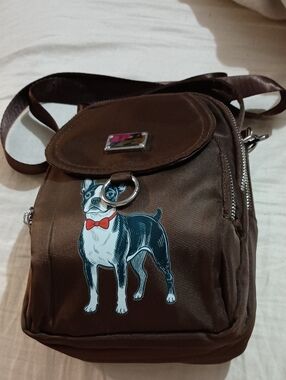 Brown Women's Shoulder Bag with Boston Terrier Motif